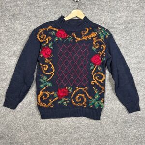 Vtg Studio Michelle Stuart Medium Sweater Black Embroidered Wool Blend Grandma